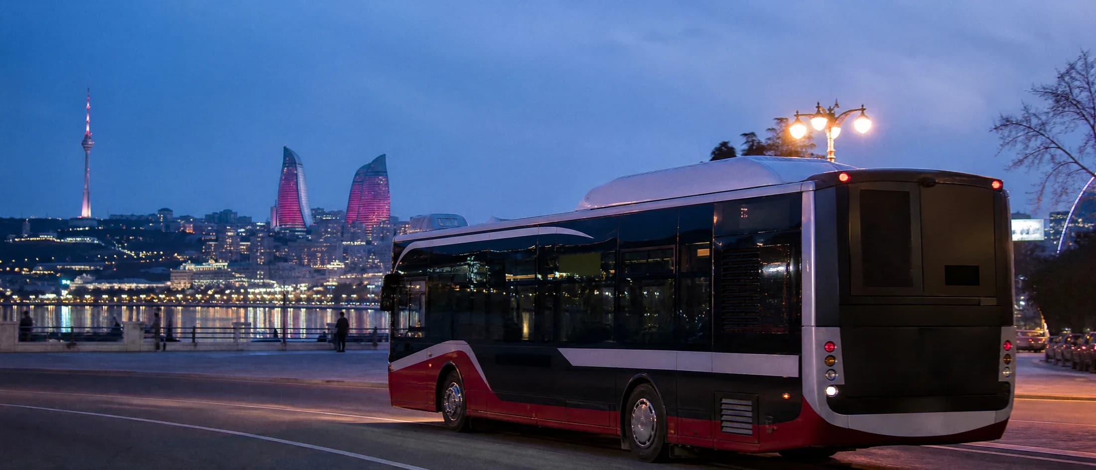 A city bus travelling along Baku's waterfront