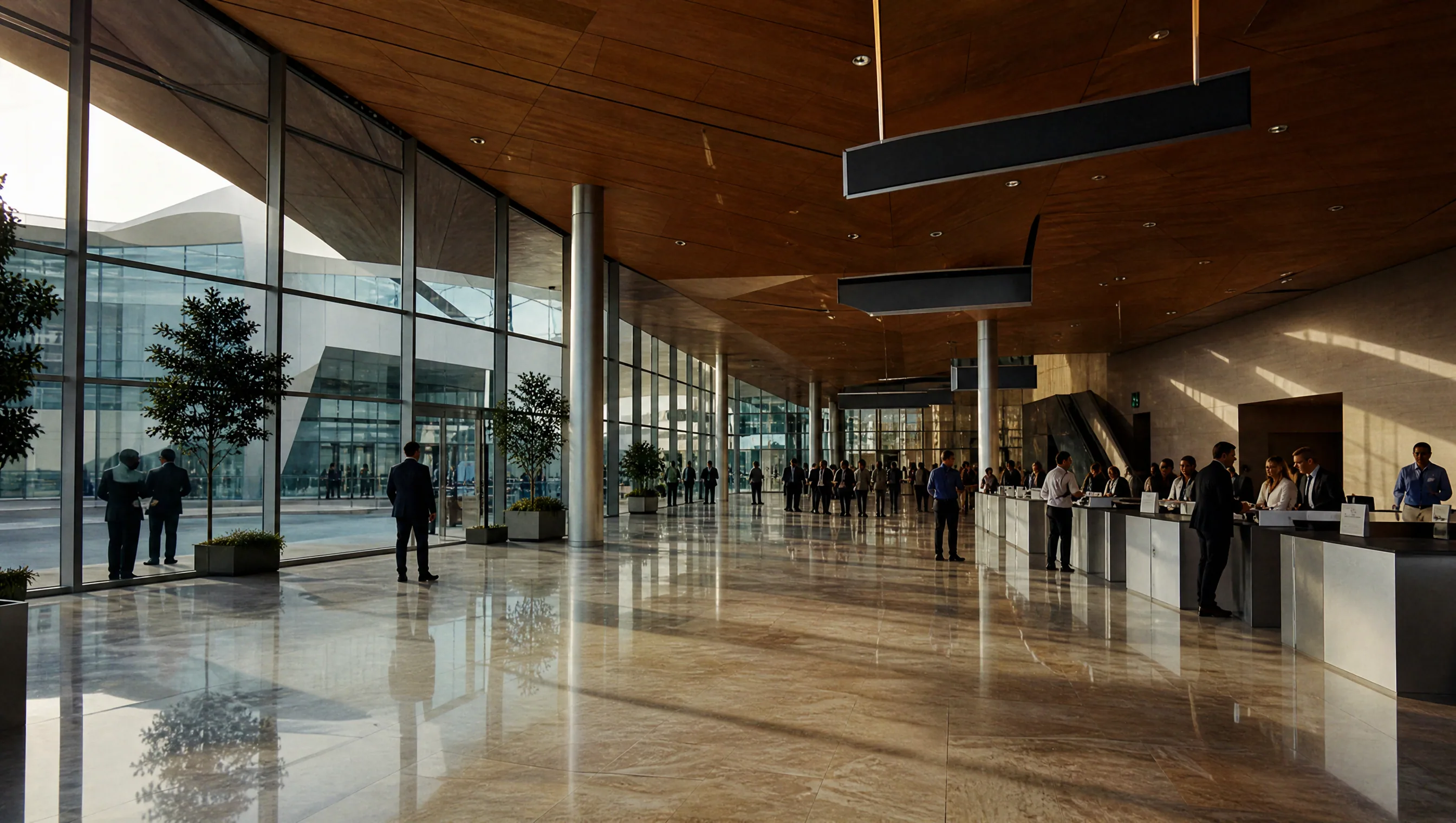 A bright visitor foyer prepared for an international exhibition