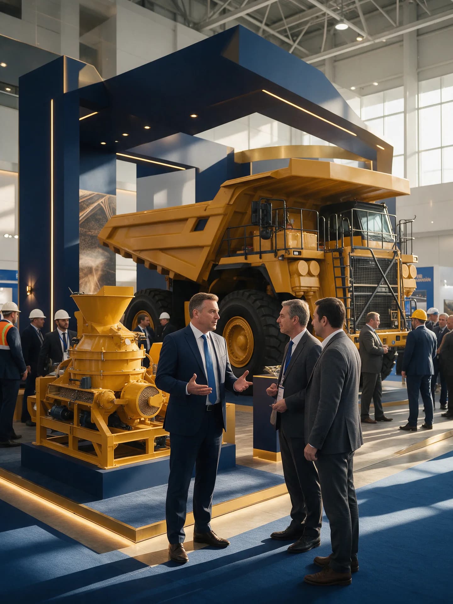 Mining industry professionals discussing equipment at a modern exhibition stand