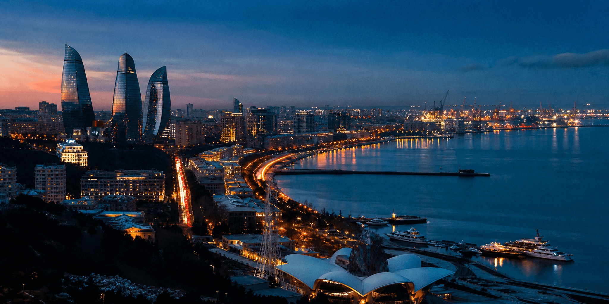 Baku skyline, Caspian waterfront and port at blue hour