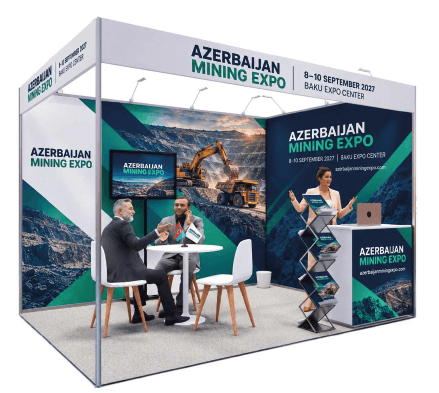Premium Azerbaijan Mining Expo stand with branded graphics and presentation screen