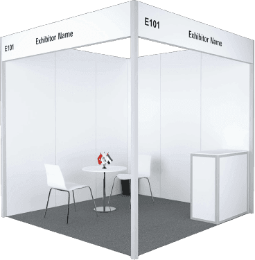 Standard exhibition stand with information desk, table and chairs