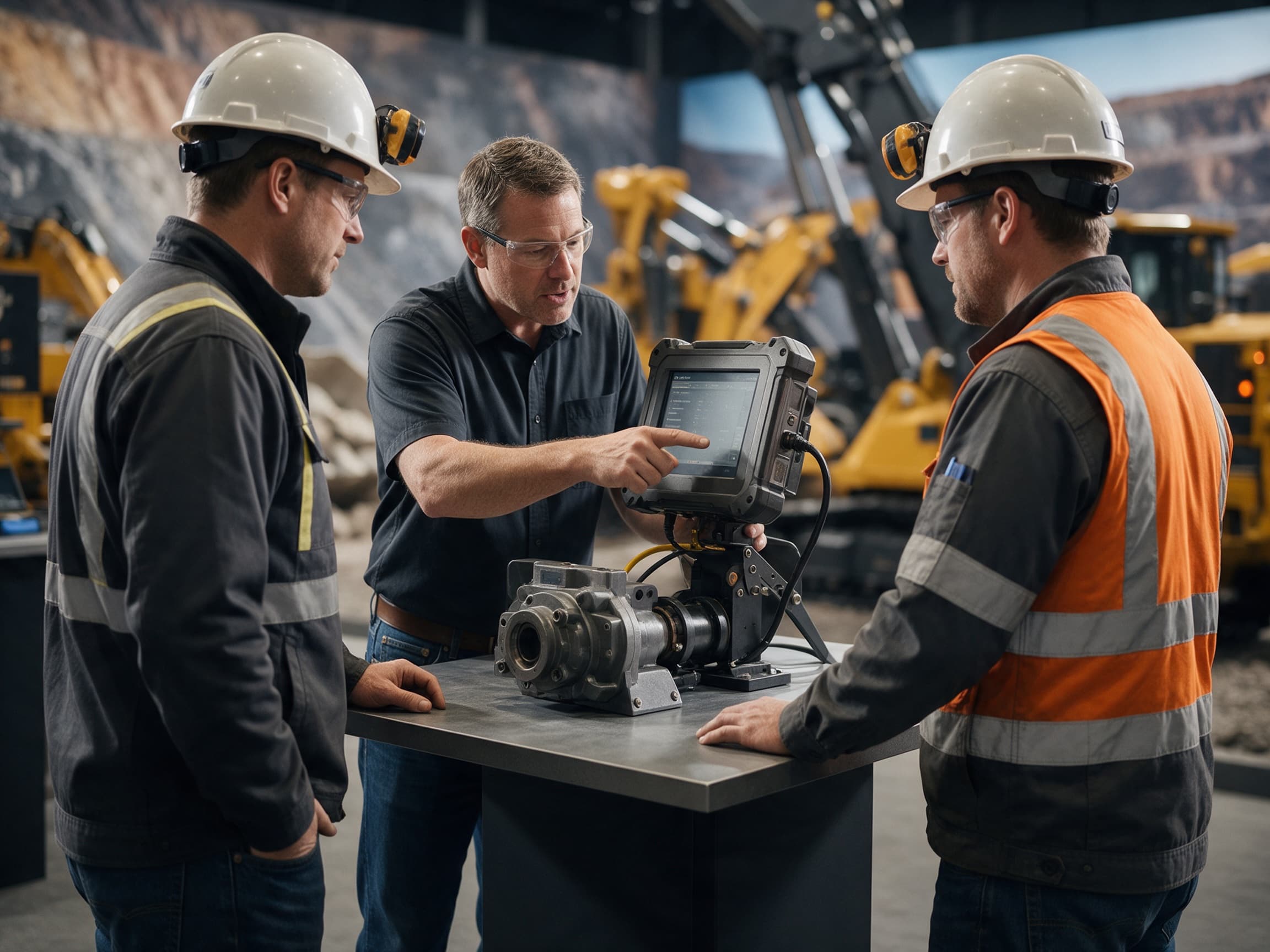 Mining specialists demonstrating industrial technology and digital equipment